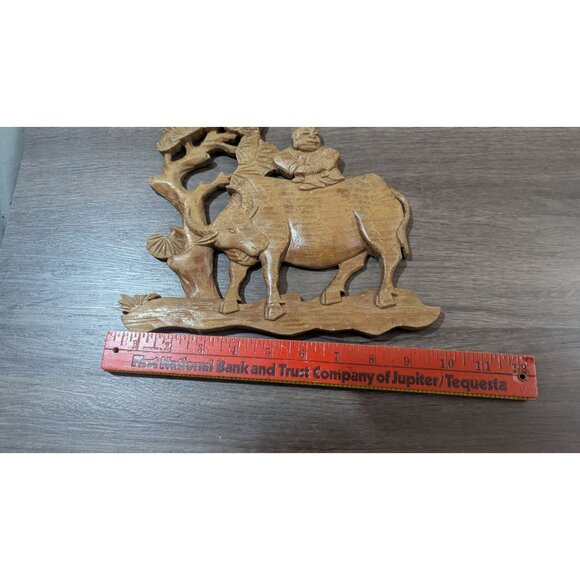 Hand-Carved Wooden Wall Decor Rustic Man On Oxen Scene 10" Chinese Asian Farmhou - Picture 7 of 7